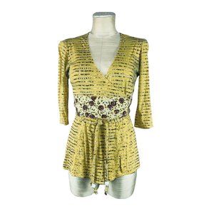Plenty By Tracey Reese Shirt Yellow Tunic Wrap Tie Belt Petite